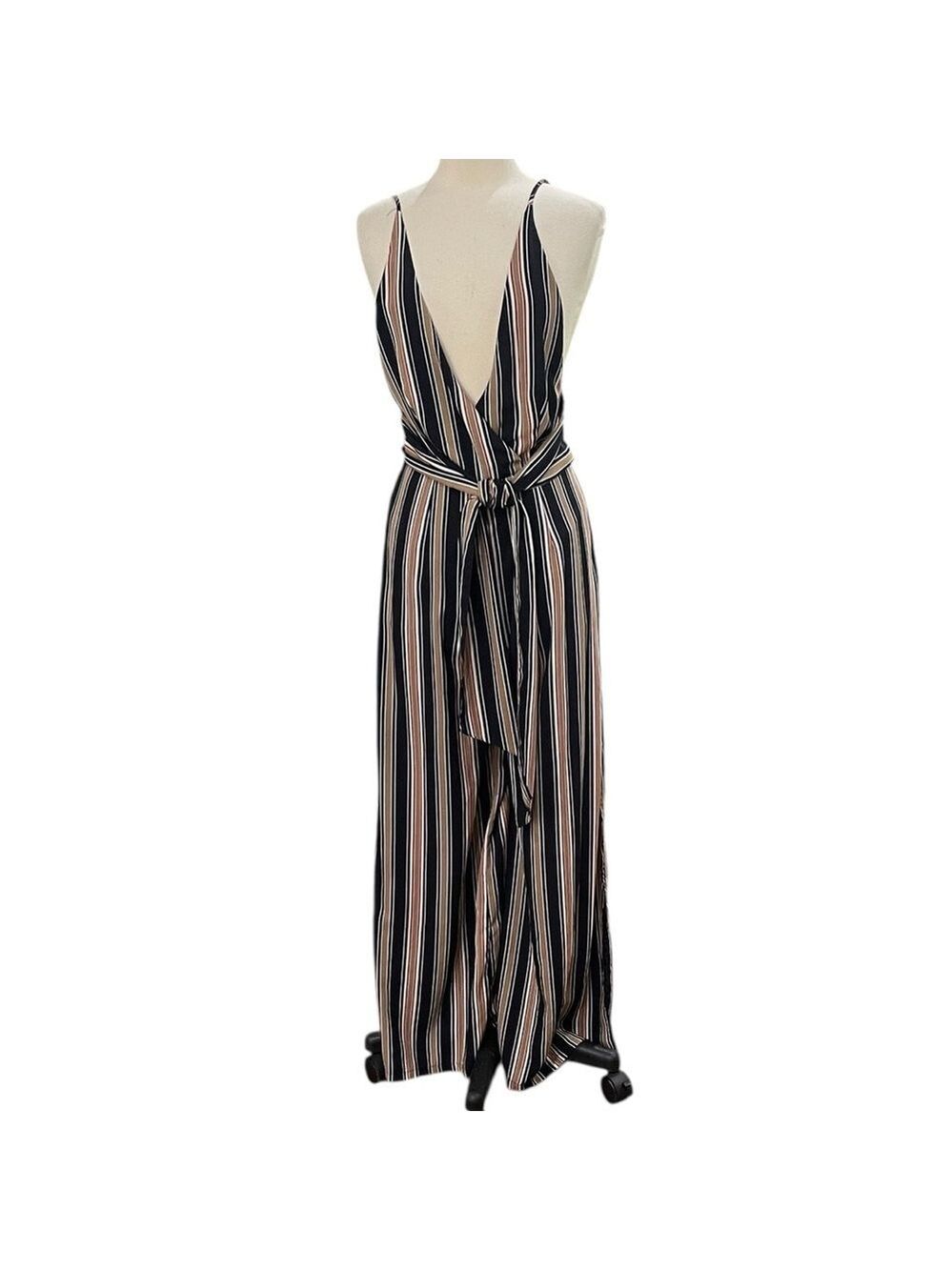 Hommage from Los Angeles Surplice Bust Side Slit Jumpsuit SZ L Navy Tan Stripe